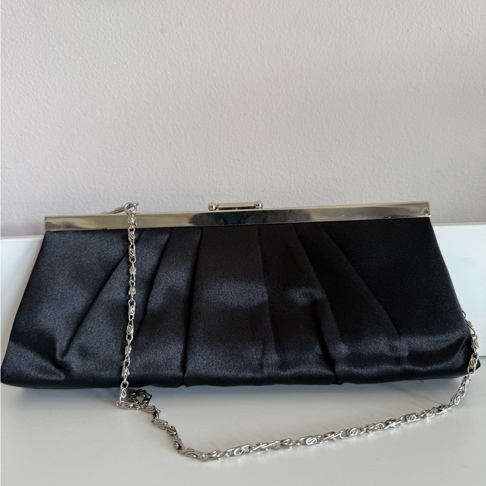 Jessica McClintock Black Satin Clutch with Silver Chain